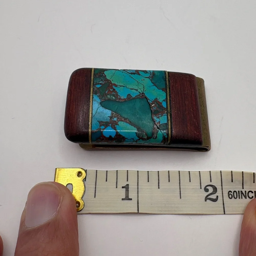 Vintage Turquoise, Wood & Brass Money Clip